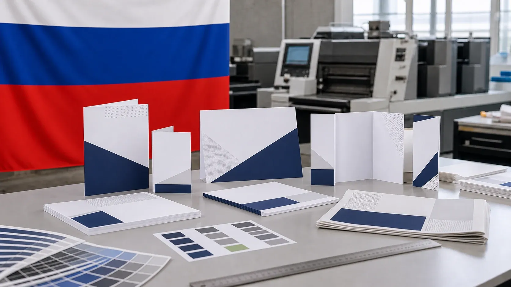 Российский флаг и образцы печатной продукции в типографии